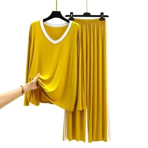 Plain Yellow with White Round Neck with Palazzo Style Pajama Full Sleeves night suit for her