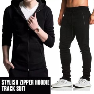 Plain Black Stylish zipper Hoodie Tracksuit For Mens