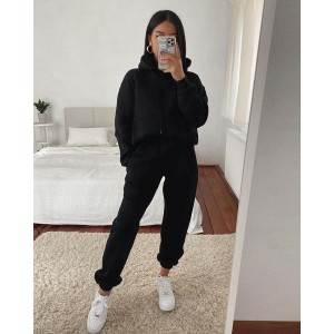 Plain Black Winter Tracksuit With Warm Fleece Hoodie and Trouser For Women