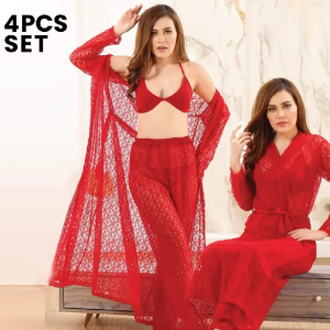 Pretty Wrap 4-Pieces Net Nightwear For Girls and Women - RED