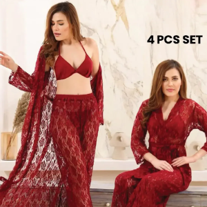 Pretty Wrap 4-Pieces Net Nightwear For Girls and Women - MAROON