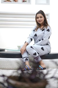 Grey Hearts Printed Tshirt Trouser Night Dress For Her 