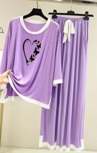 Heart Butterfly Purple with White Round Neck with Palazzo  Pajama Full Sleeves night suit for her
