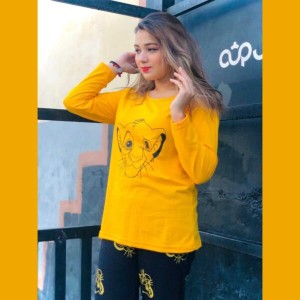 Yellow and Black SIMBA print T SHirt with Printed Pajama Full Sleeves Night Suit for her