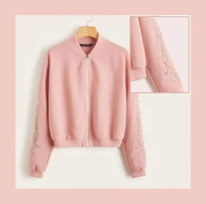 Stylish Fleece Jacket With Embroidered Sleeves For Her
