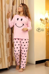 Pink Smile with Dotted Style Pajama Full sleeves night suit for her By Hk Outfits