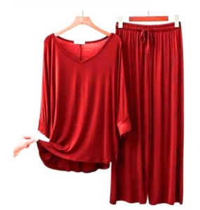 Red V-Neck Women Night Suit By Hk Outfits