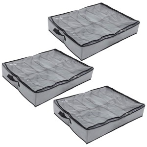 Pack of 3 - Shoes Under Bed Shoe Organizer Bag Hard Solid Fabric with Clear Plastic Zip Cover