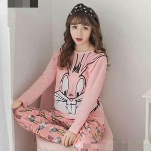 Sleeping Cat Printed Cotton Jersey Ladies Sleep Dress Night Wear with Shirt and Trouser (Complete Sleeping Suit) For Women and Girls