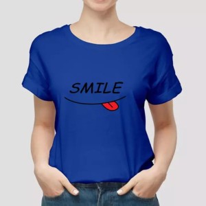 Smile Face Half Sleeves Blue T-shirt For Women