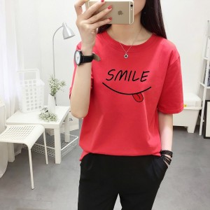 Smile Face Half Sleeves Red T-shirt For Women