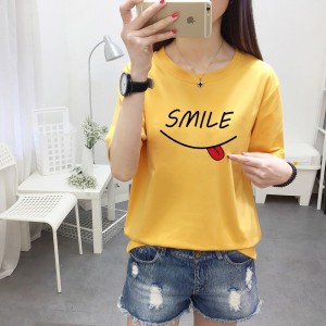 Smile Face Half Sleeves Yellow T-shirt For Women