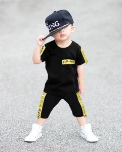 Black Tracksuit With Yellow Printed Stripes For Kids