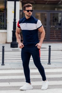 Blue Red White Color Block Polo Style Summer Tracksuit For Men