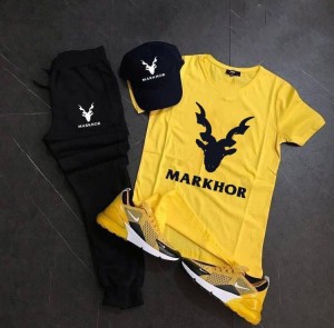 Yellow Black Markhor Print Contrasted Tracksuit For Men