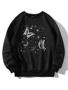 Stylish Multi Butterfly Saturn Tag Print Thick & Fleece Fabric Rib Sweatshirt for Winter sweatshirt Fashion Wear for Women / Girls