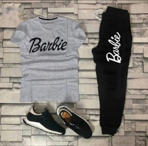 Stylish Summer Barbie Printed Tracksuit For Girls & Womens - Soft and Comfortable Fabric Grey T Shirt & Black Trouser Tracksuit