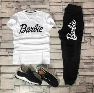 Stylish Summer Barbie Printed Tracksuit For Girls & Womens - Soft and Comfortable Fabric White T Shirt & Black Trouser Tracksuit