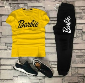 Stylish Summer Barbie Printed Tracksuit For Girls & Womens - Soft and Comfortable Fabric Yellow T Shirt & Black Trouser Tracksuit