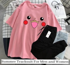 Summer Collection Pikachu Printed stylish Half Sleeves Pink T Shirt And Black Trouser For Women n Girls