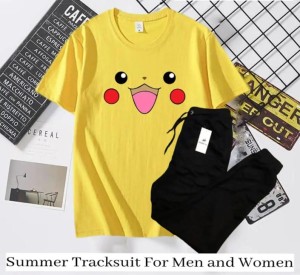 Summer Collection Pikachu Printed stylish Half Sleeves Yellow T Shirt And Black Trouser For Women n Girls