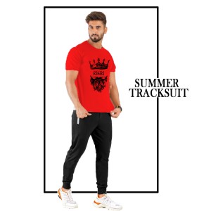 Summer LIVE LIKE A KING Printed Tracksuit For Mens Cotton Jersey Fabric Half Sleeves Red T shirt For Mens Printed Black Trouser Tracksuit