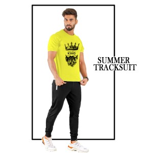 Summer LIVE LIKE A KING Printed Tracksuit For Mens Cotton Jersey Fabric Half Sleeves Yellow T shirt For Mens Printed Black Trouser Tracksuit
