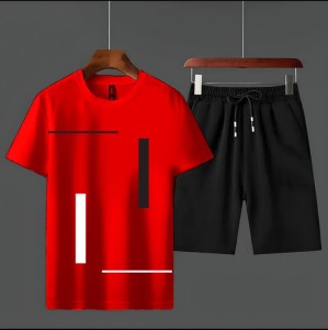 Summer Tracksuit Men's Vertical Stripes Amazing Smart Fit Red T-Shirts And Black shorts Soft & Comfy Fabric For Men And Boys