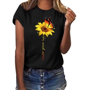 Sun Flower Print Tee Butterfly Letter Printed T Shirt for Girls/Women's