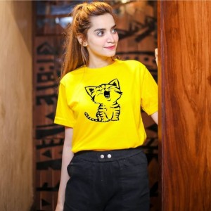 T Shirt For Girls Stylish in Yellow Cute Cat Print Round Neck Half Sleeves Tee Shirt