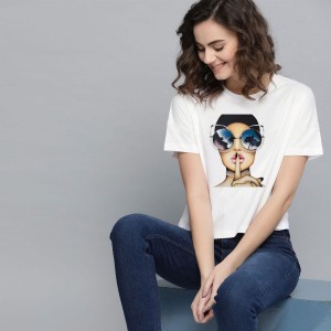 T shirt New Design Trendy Print Half Sleeves Printed Round neck White T shirt for women
