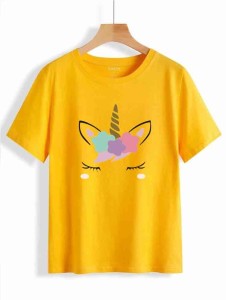 T shirt Unicorn Printed Round Neck half Sleeves Best Quality For Casual Yellow T Shirt For Ladies Women & Girls