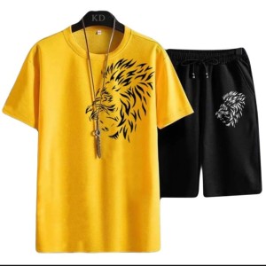 Tiger Printed in yelow Cotton Half Sleeves O Neck Short & Tshirt For Men & Boys