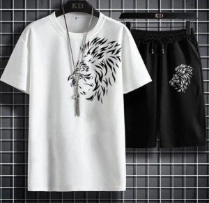 Tiger Printed in white Cotton Half Sleeves O Neck Short & Tshirt For Men & Boys