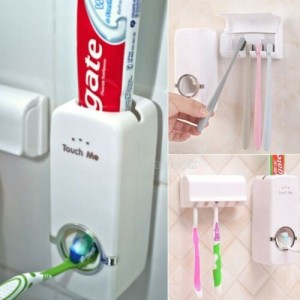 Toothpaste Dispenser & Brush Holder Wall Suction Bathroom Water Resistant Sticky Toothpaste Squeezer