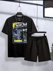 Track Suit Summer Wear Club Printed in Black Cotton Half Sleeves O Neck Short & Tshirt For Men & Boys