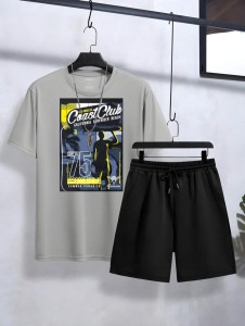 Track Suit Summer Wear Club Printed in Grey Cotton Half Sleeves O Neck Short & Tshirt For Men & Boys