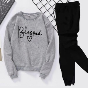 Tracksuit BLESSED WITH HEART Print Thick & Fleece Fabric Sweatshirt with trouser for Winter sweatshirt Fashion Wear tracksuit for Women / Girls