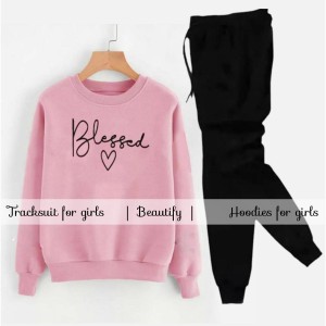 Tracksuit BLESSED WITH HEART Print Thick & Fleece Fabric Sweatshirt with trouser for Winter sweatshirt Fashion Wear tracksuit for Women / Girls