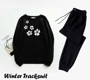 Tracksuit SHOULDER FLOWER Print Thick & Fleece Fabric Sweatshirt with trouser for Winter sweatshirt Fashion Wear tracksuit for Women / Girls