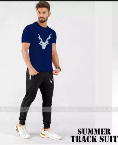tracksuit-New Trendy Markhor Printed stylish Round Neck Half Sleeves Blue T Shirt And Black Trouser