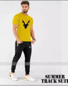 tracksuit-New Trendy Markhor Printed stylish Round Neck Half Sleeves Yellow T Shirt And Black Trouser