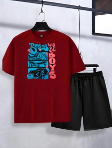Trendy Boys will be boys Printed in Maroon Cotton Half Sleeves O Neck Short & Tshirt For Men & Boys