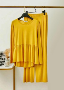 Yellow V Neck Frill Style pajama Full Sleeves Night Suit for her