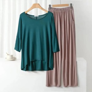Green and skin color Round neck loose sleeves with plazo Trouser Night suit