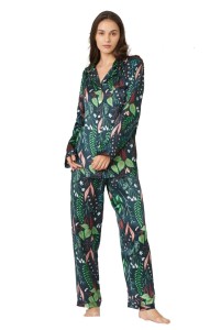 Valerie Plant Print Long Silk Pajamas Set For Women With Red Flower With Blue