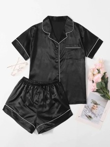 Valerie Women’s Contrast Pipping Satin Short PJ Set /Nightdress Silky/ Night Suit For Women’s