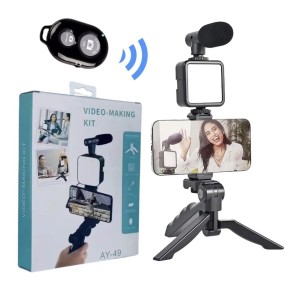 Vlogging Kit with Mobile Holder, Tripod Stand, LED Ring Light, Model AY 49, Microphone, Flexible Tripod, DSLR Camera, and Video Recording Accessories