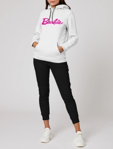 White Barbie Printed Winter Tracksuit With Warm Fleece Hoodie and Trouser For Mens