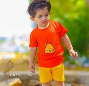 Orange Tshirt and Yellow Short Kids Night Dress 